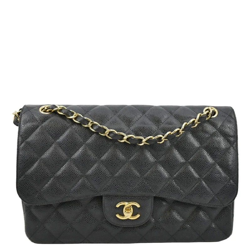 CHANEL Classic Double Flap Quilted Caviar Leather Shoulder Bag Black