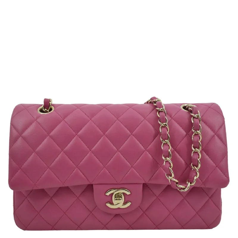 CHANEL Classic Medium Double Flap Quilted Lambskin Leather Shoulder Bag Pink