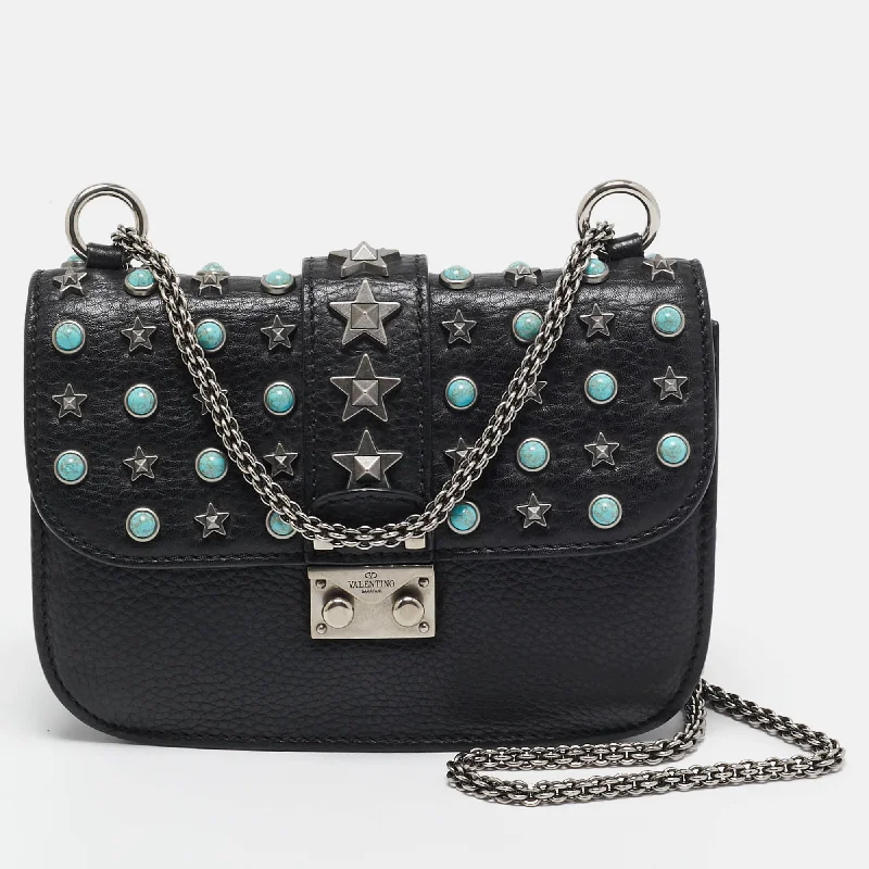 Shoulder bags with subtle embroidery for detail -Valentino Black Leather Star Studded Glam Lock Shoulder Bag