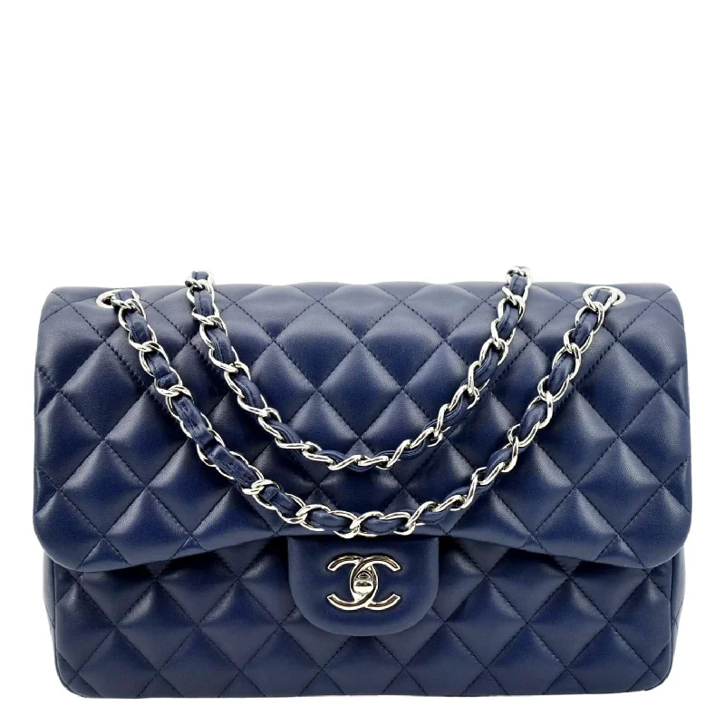 CHANEL Classic Jumbo Double Flap Quilted Caviar Leather Shoulder Bag Blue