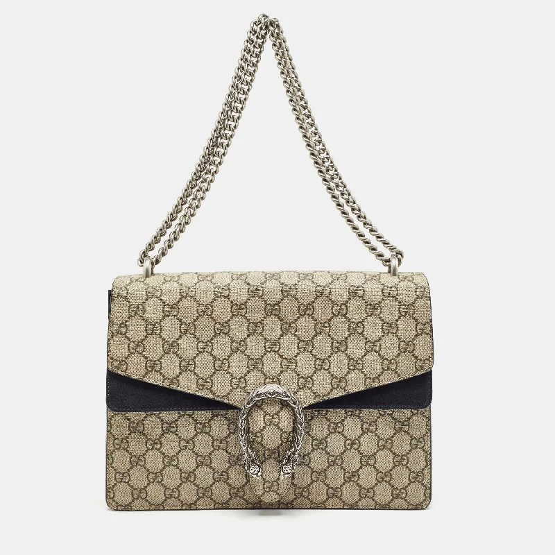 Shoulder bags with animal prints for flair -Gucci Black/beige Gg Supreme Canvas And Suede Medium Dionysus Shoulder Bag