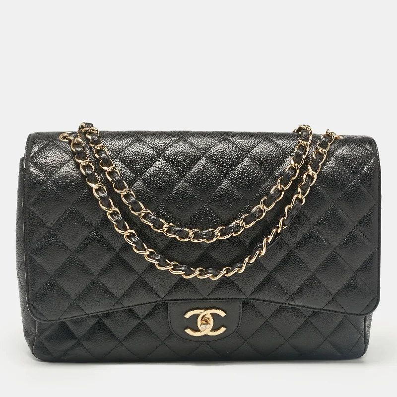 Shoulder bags with reinforced stitching for durability -Chanel Black Caviar Quilted Leather Maxi Classic Double Flap Bag