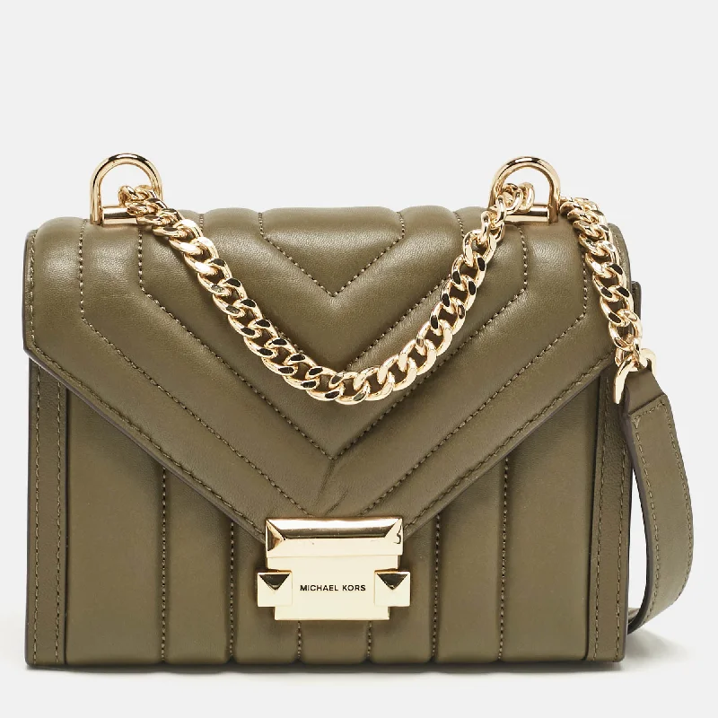 Canvas shoulder bags perfect for casual outings -Michael Kors Olive Green Quilted Leather Small Whitney Shoulder Bag