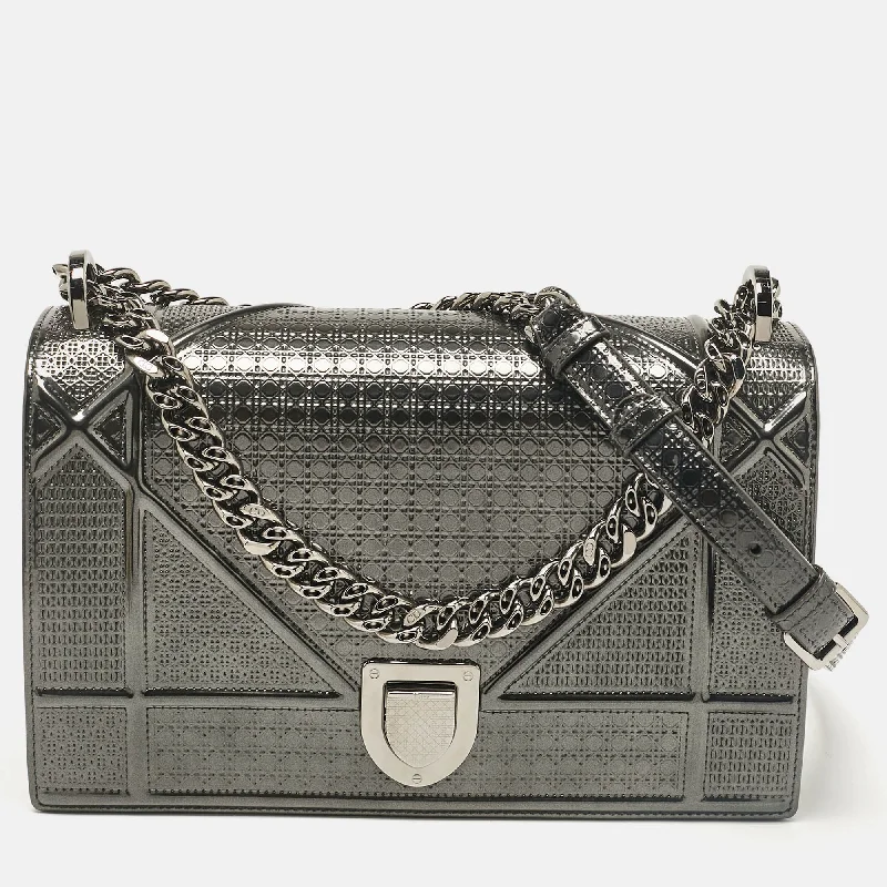 Waterproof shoulder bags ideal for rainy days -Dior Grey Patent Leather Medium Diorama Shoulder Bag