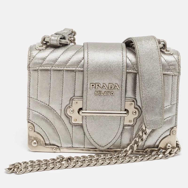 Shoulder bags with zipper closures for security -Prada Silver Leather Cahier Chain Bag