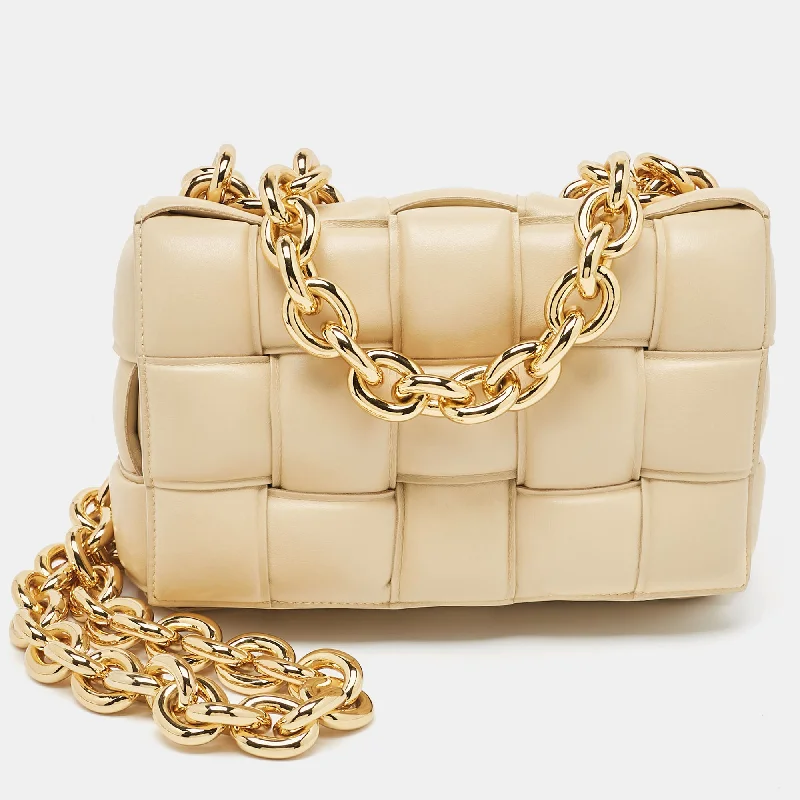 Shoulder bags with floral embroidery for detail -Bottega Veneta Beige Padded Leather Cassette Chain Shoulder Bag