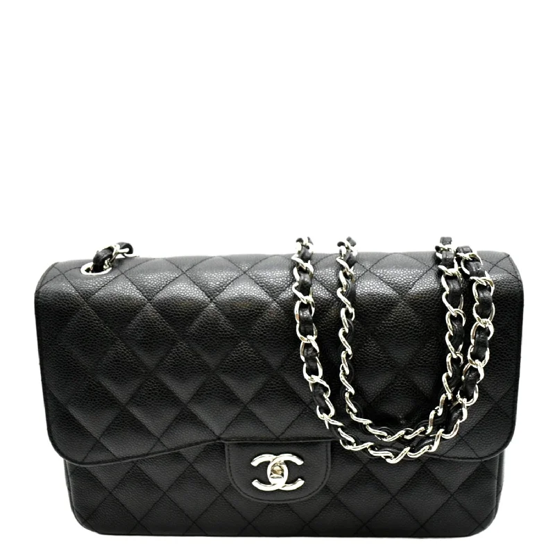 CHANEL Classic Jumbo Double Flap Quilted Caviar Leather Shoulder Bag Black