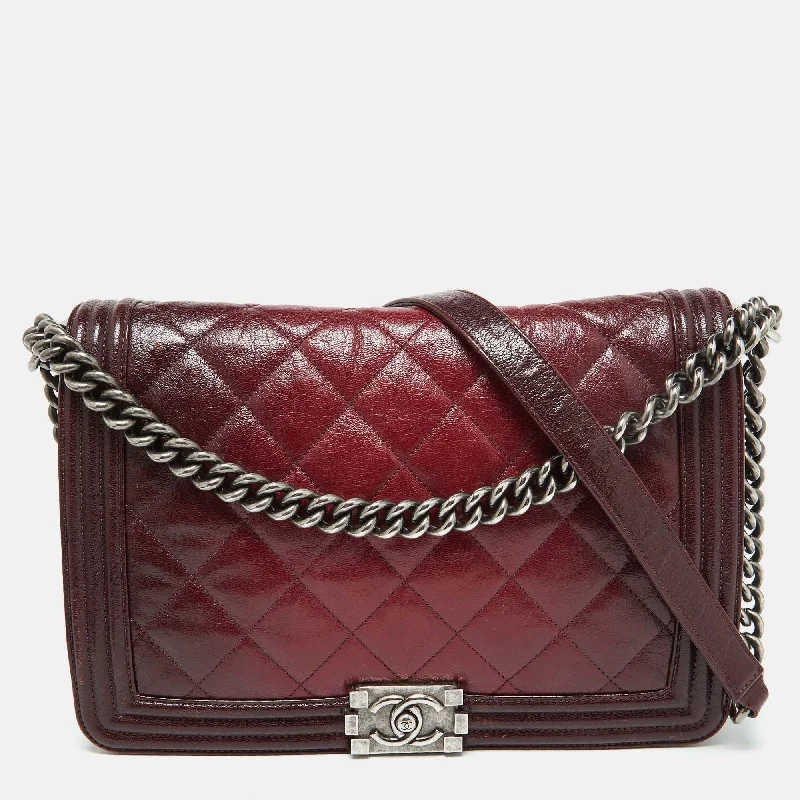 Shoulder bags with striped canvas for beach -Chanel Burgundy Ombre Quilted Leather Large Boy Flap Bag