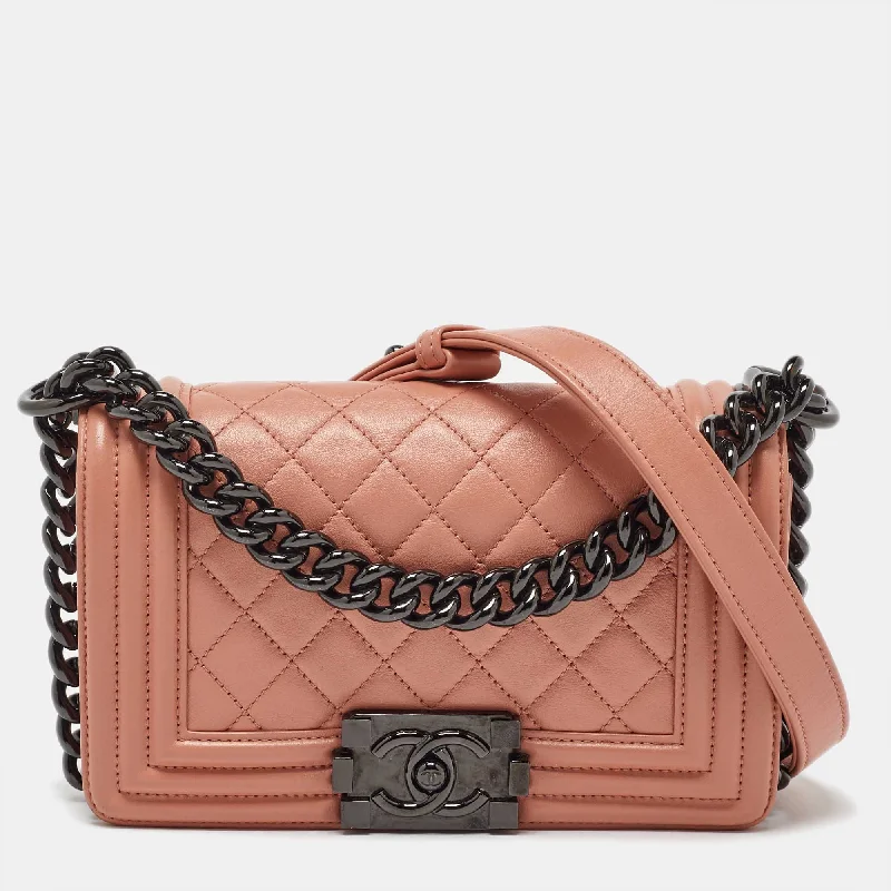 Shoulder bags with quilted leather for luxury -Chanel Peach Quilted Leather Small Boy Flap Bag