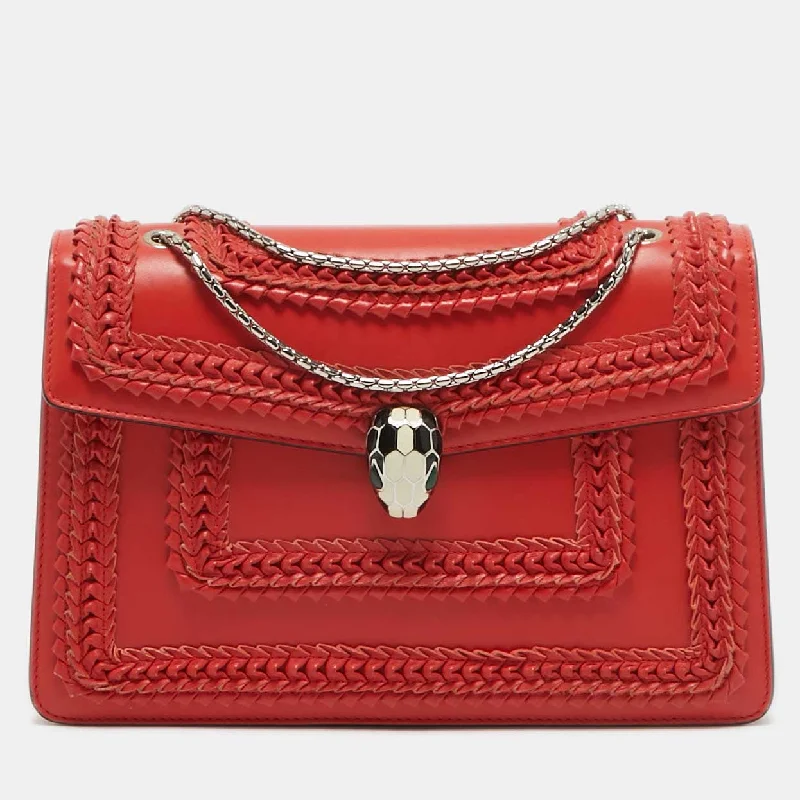 Shoulder bags with tropical leaves for summer -Bvlgari Red Leather Plisse Serpenti Forever Shoulder Bag