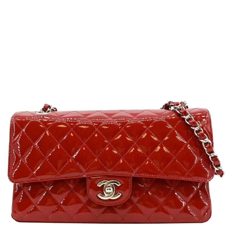 CHANEL Classic Medium Double Flap Quilted Patent Leather Shoulder Bag Red