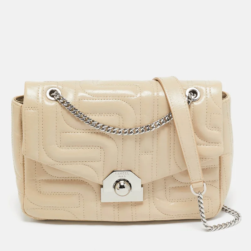 Shoulder bags with metallic finishes for shine -Lancel Beige Quilted Leather Midi Minuit De Lancel M Bag