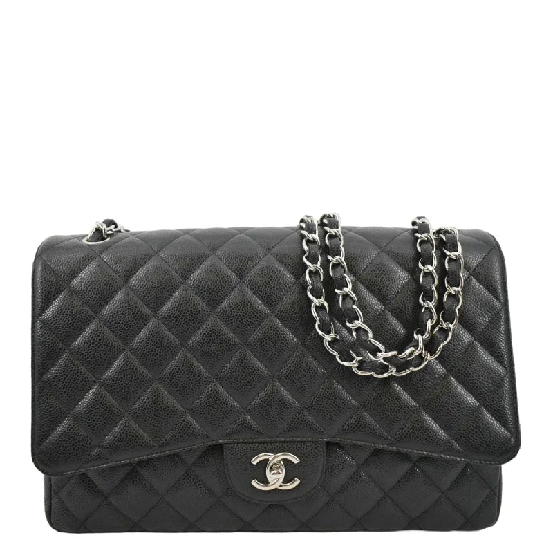 CHANEL Classic Maxi Single Flap Quilted Caviar Leather Shoulder Bag Black