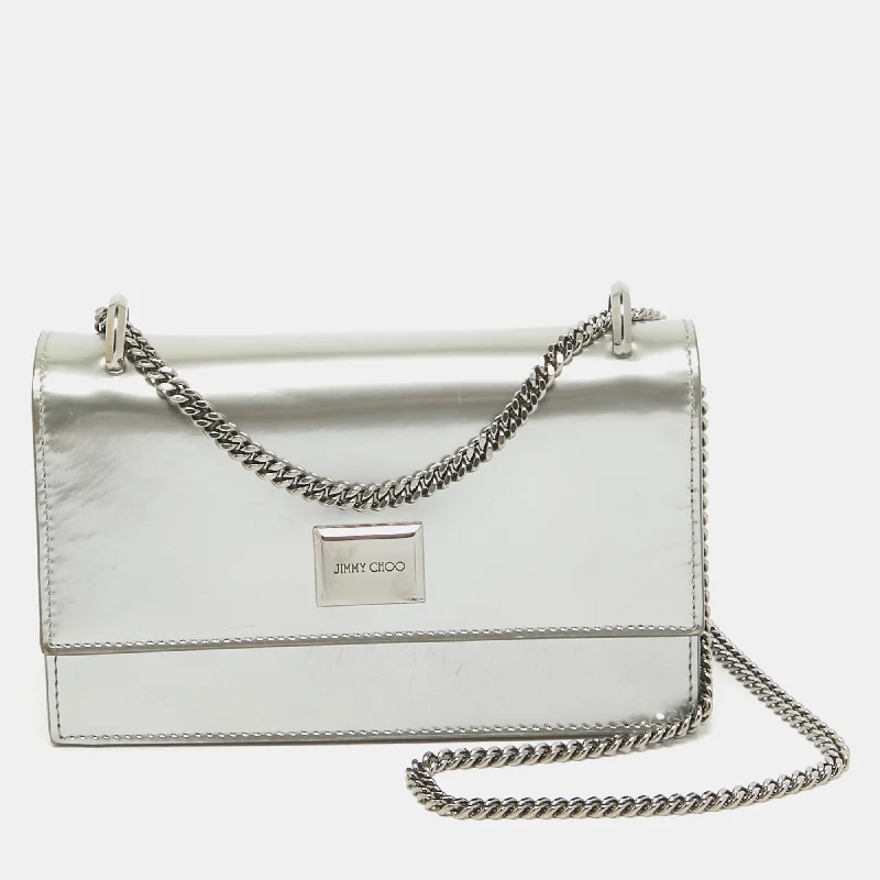 Shoulder bags with woven fabric for texture -Jimmy Choo Silver Patent Leather Leni Chain Shoulder Bag