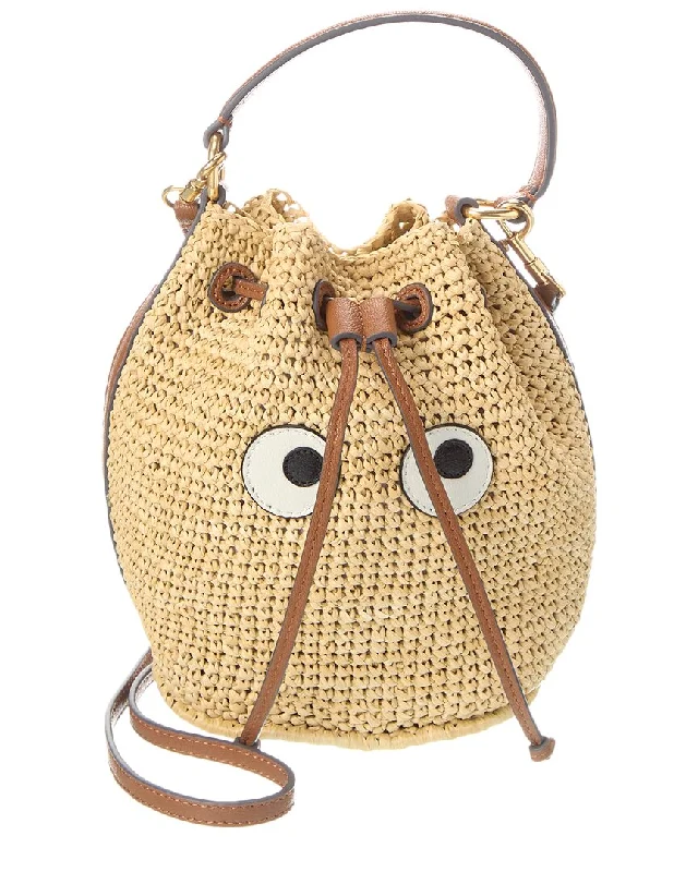 Handle bags with sleek silhouettes for fashion -Anya Hindmarch Eyes Drawstring Raffia & Leather Bucket Bag