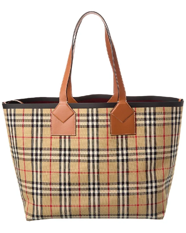 Handle bags with bold logos for branding -Burberry Check Canvas & Leather Tote