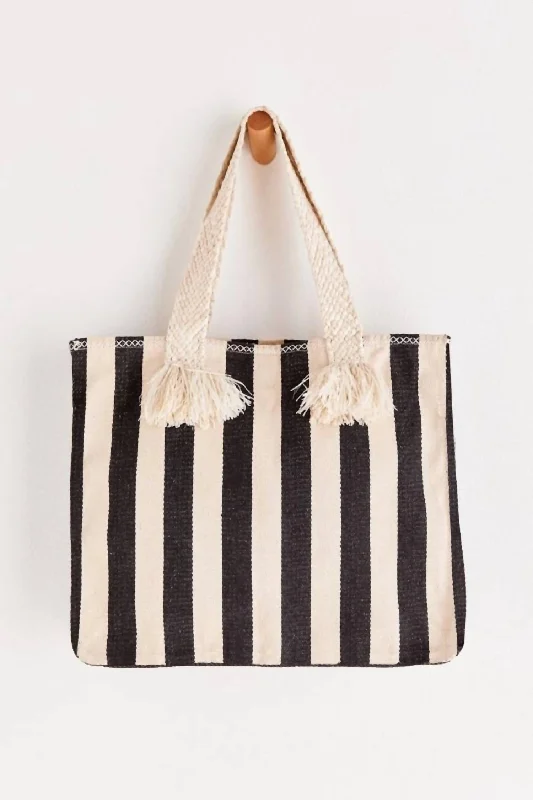 Handle bags with colorful handles for flair -Cabana Rugby Stripe Tote In Black