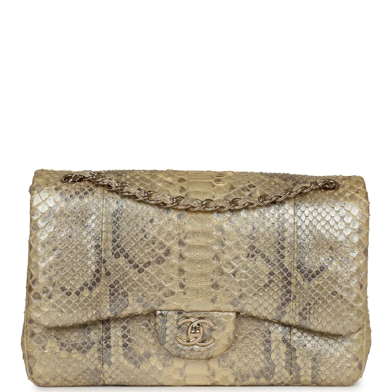 Handle bags with colorful handles for flair -Pre-owned Chanel Jumbo Classic Double Flap Gold Metallic Python Gold Hardware