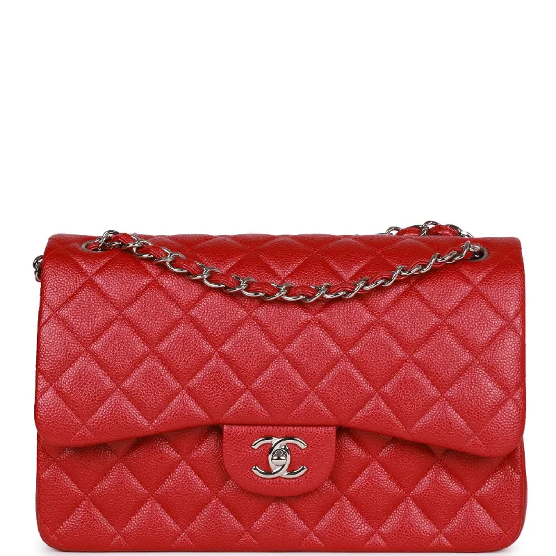 Handle bags with bohemian tassel embellishments -Pre-owned Chanel Jumbo Classic Double Flap Bag Metallic Red Caviar Silver Hardware