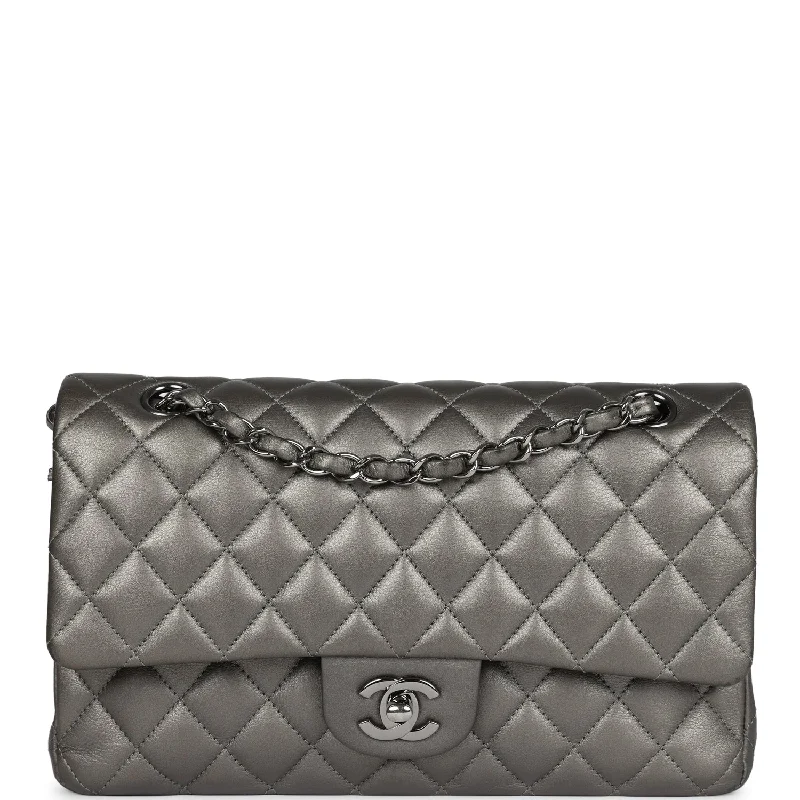 Handle bags with floral embroidery for detail -Pre-owned Chanel Medium Classic Double Flap Bag Metallic Grey Lambskin Silver Hardware