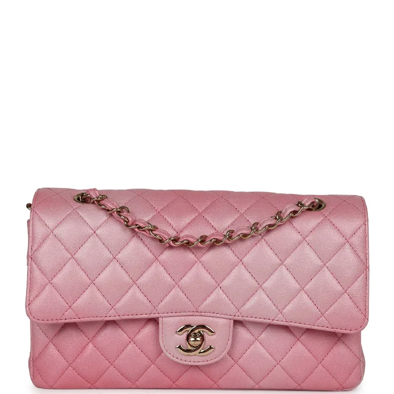 Handle bags with multi-color weaves for vibrancy -Pre-owned Chanel Medium Classic Double Flap Bag Pink Iridescent Ombre Goatskin Gold Hardware