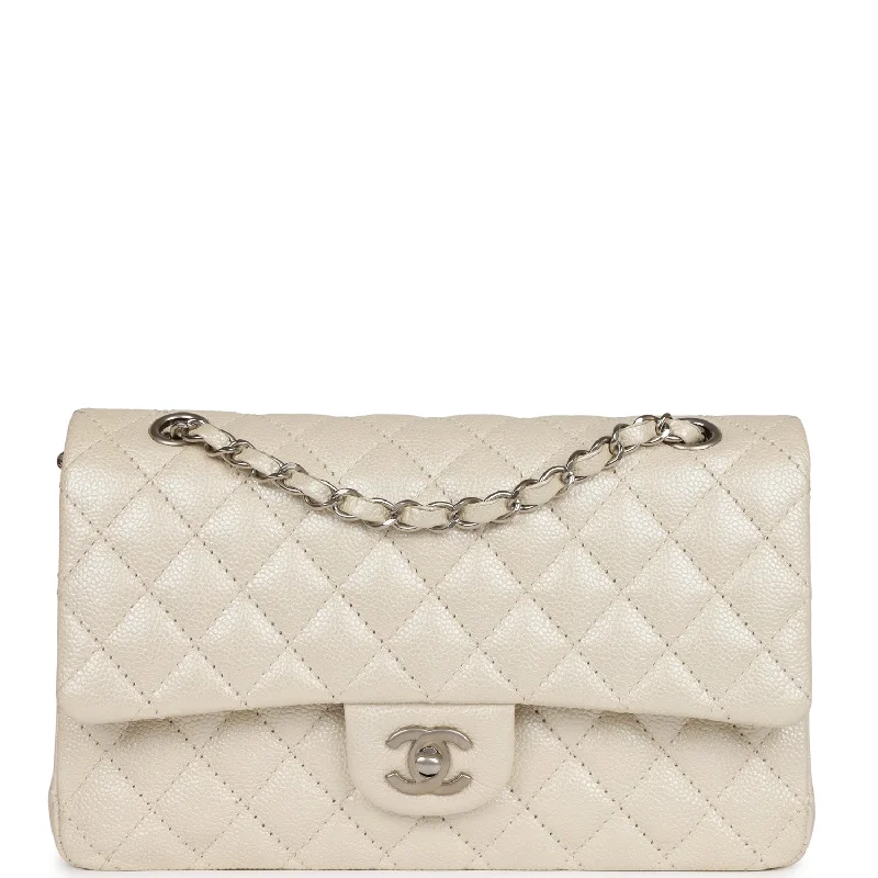 Handle bags with inner compartments for essentials -Pre-owned Chanel Medium Classic Double Flap Pearlescent Ivory Caviar Brushed Silver Hardware