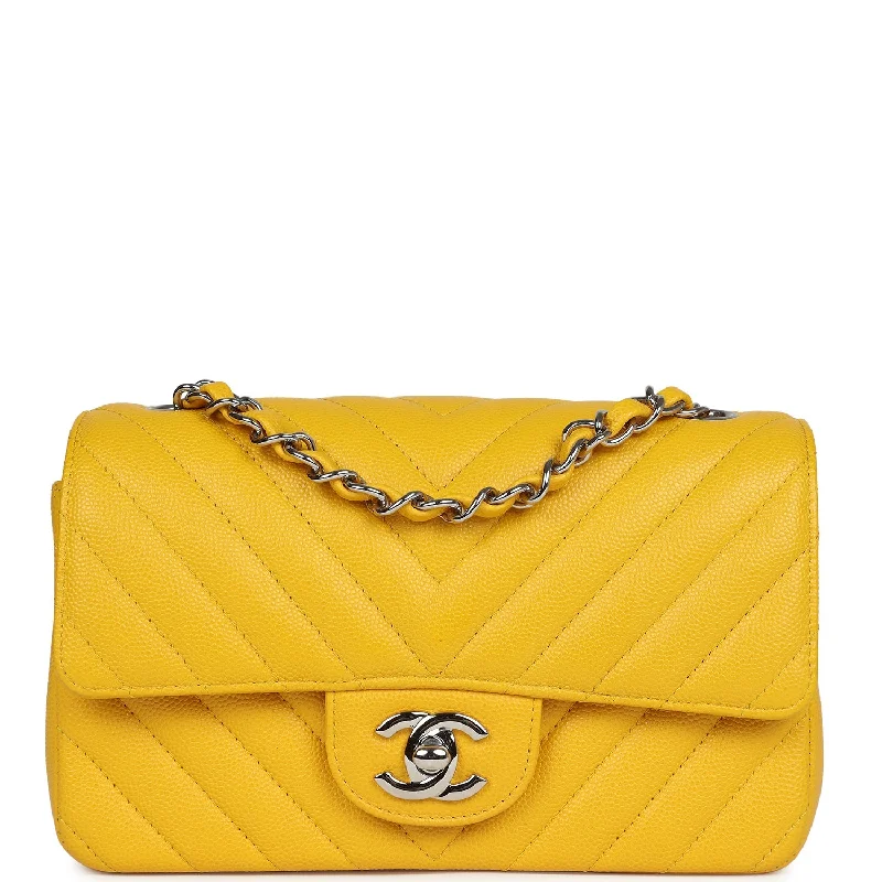 Handle bags with retro logos for charm -Pre-owned Chanel Mini Rectangular Flap Yellow Chevron Caviar Silver Hardware