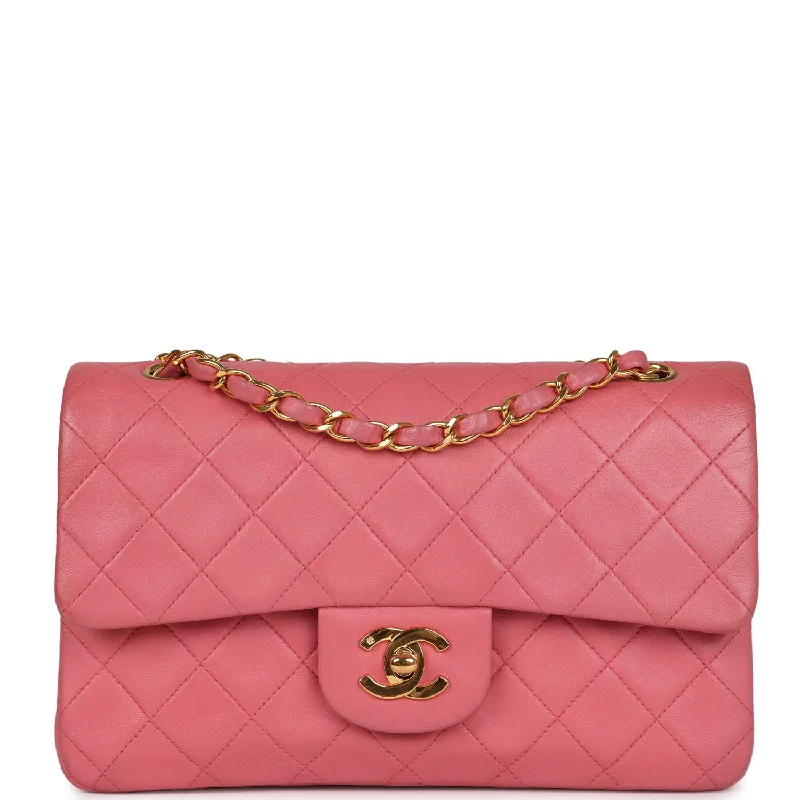 Handle bags with sleek zippers for closure -Vintage Chanel Small Classic Double Flap Bag Dark Pink Lambskin Gold Hardware