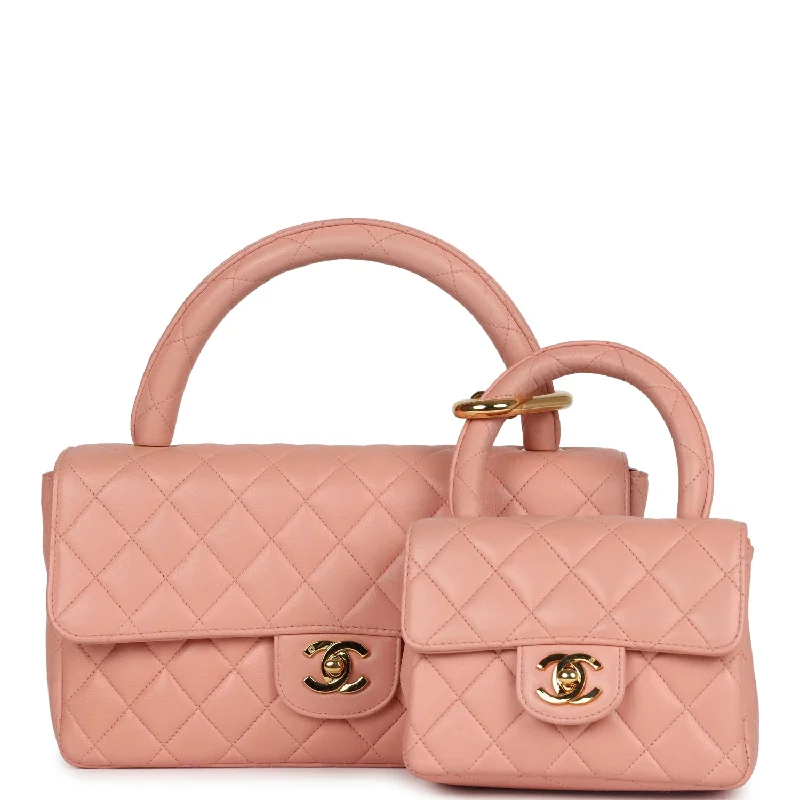 Handle bags with soft leather for luxury -Vintage Chanel Kelly Parent and Child Flap Bag Set Pink Lambskin Gold Hardware