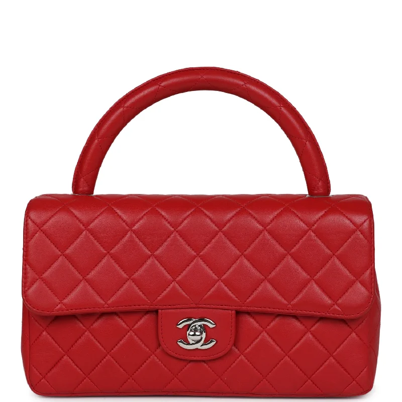 Handle bags with elegant gold-tone hardware -Vintage Chanel Kelly Parent Flap Bag Red Lambskin Silver Hardware