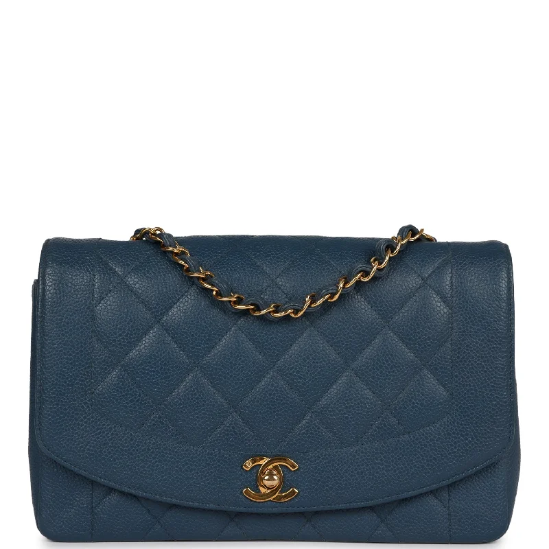 Handle bags with spacious pockets for travel -Vintage Chanel Medium Diana Flap Bag Blue Caviar Gold Hardware