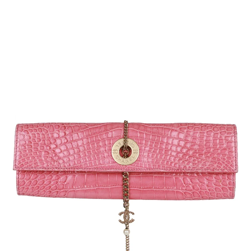 Handle bags with sleek hardware for sophistication -Vintage Chanel Chain Envelope Evening Clutch Bag Pink Crocodile Gold Hardware