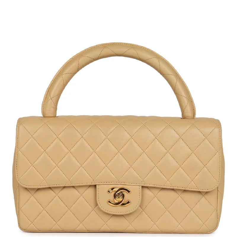 Handle bags with metallic finishes for shine -Vintage Chanel Kelly Parent Flap Bag Beige Lambskin Gold Hardware