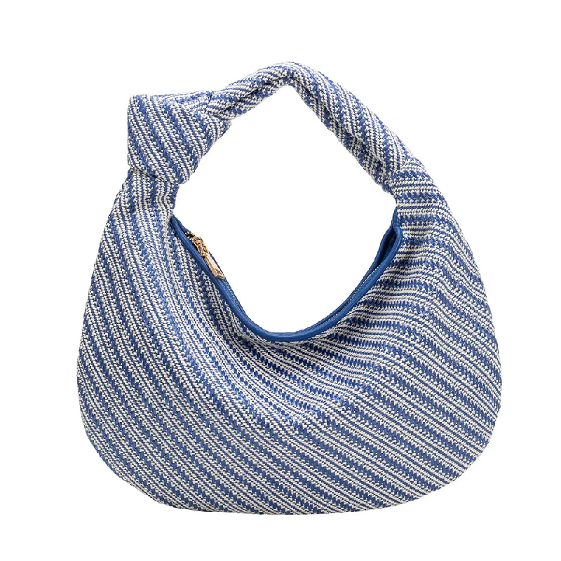 Handle bags with artistic prints for creativity -Cher Blue Raffia Large Shoulder Bag - FINAL SALE