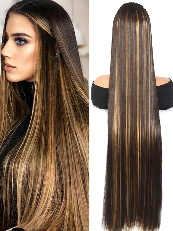 Handle bags with soft leather for luxury -Clip In Hair Extensions 20-40 Inch Extra long Straight Brown Mixed Blonde Fake Hairpiece 5 Clips Synthetic Hair Extensions For Women Daily Use