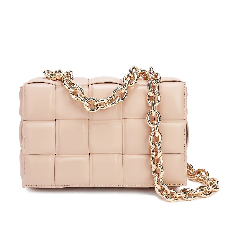 Handle bags with neutral leather for elegance -Full-Grain Woven Lambskin Leather Shoulder Bag