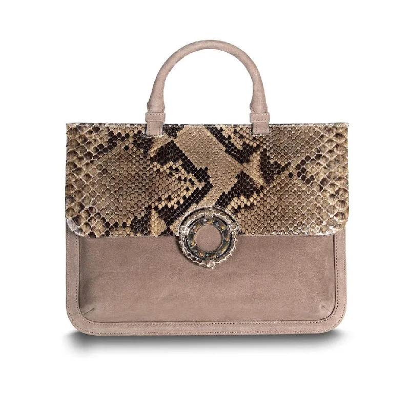 Handle bags with thick handles for support -Sydney Convertible Satchel - Light Brown Suede & Python, Topaz Grommet