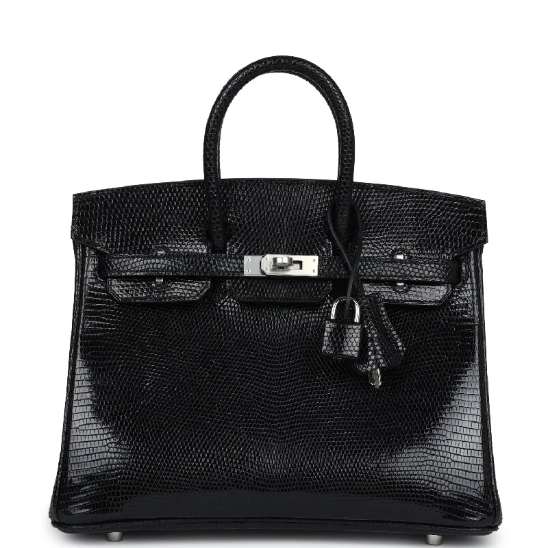 Handle bags with elegant gold-tone hardware -Hermes Birkin 25 Black Shiny Varanus Niloticus Lizard Palladium Hardware