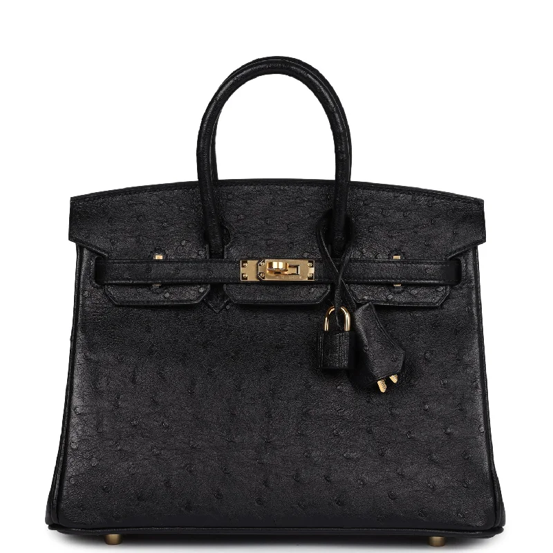 Handle bags with tropical leaves for summer -Hermes Birkin 25 Black Ostrich Gold Hardware