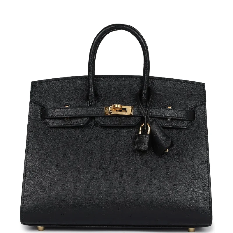 Handle bags with multi-color weaves for vibrancy -Hermes Birkin Sellier 25 Black Ostrich Gold Hardware