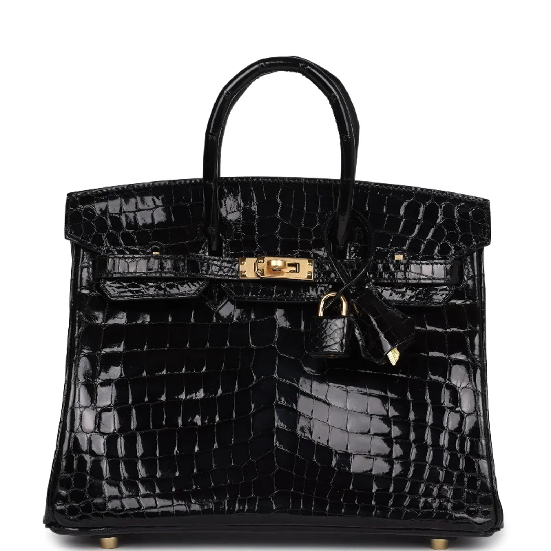 Handle bags with striped canvas for beach -Hermes Birkin 25 Black Shiny Porosus Crocodile Gold Hardware