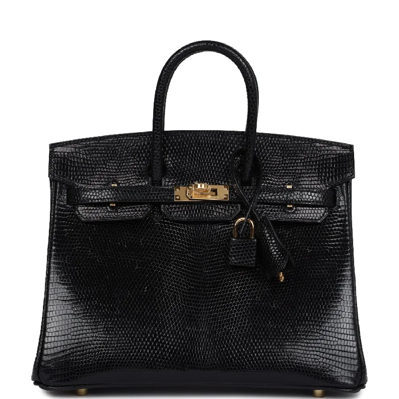 Handle bags with contrast stitching for detail -Hermes Birkin 25 Black Shiny Varanus Niloticus Lizard Gold Hardware