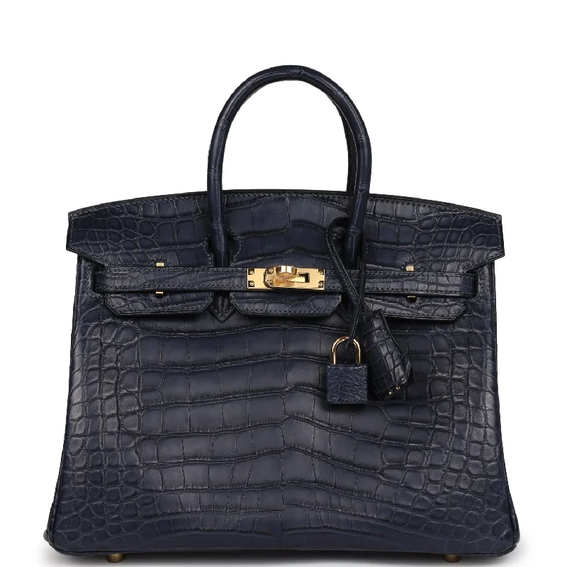 Handle bags with padded handles for comfort -Hermes Birkin 25 Bleu Indigo Matte Alligator Gold Hardware