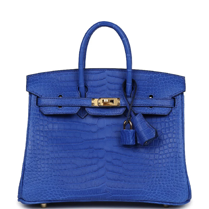 Handle bags with detachable pouches for versatility -Hermes Birkin 25 Bleu Royal Matte Porosus Crocodile Gold Hardware