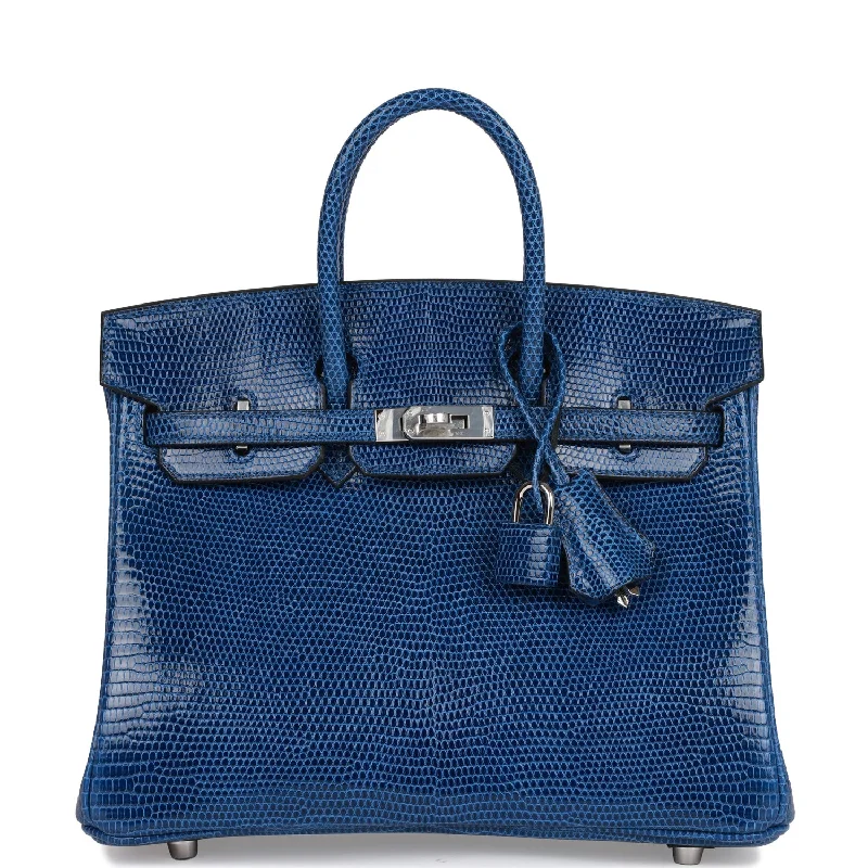 Handle bags with wide openings for access -Hermes Birkin 25 Bleu Saphir Lizard Palladium Hardware