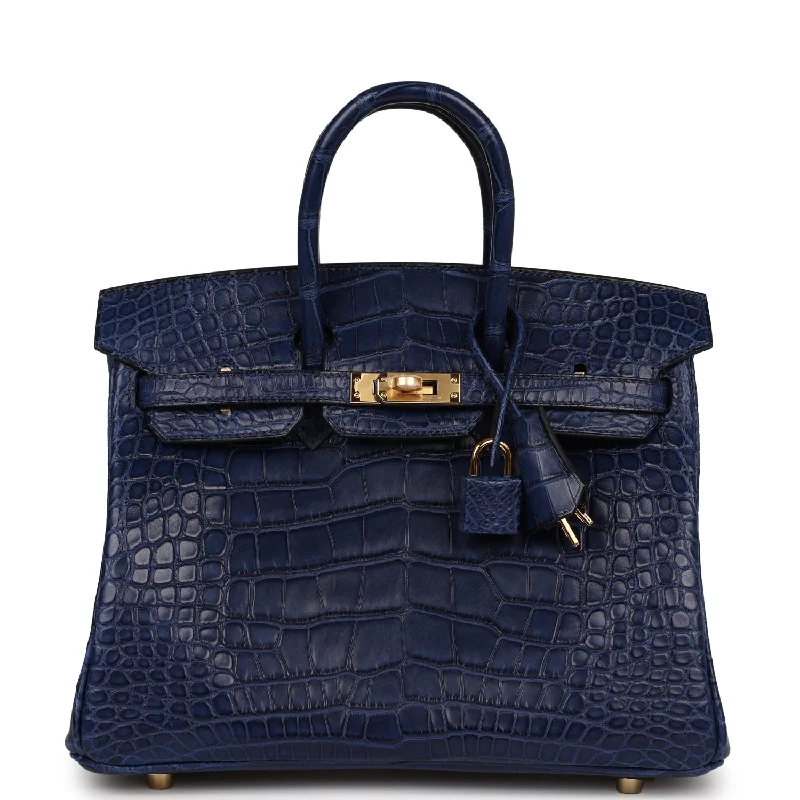 Handle bags with soft leather for luxury -Hermes Birkin 25 Bleu Saphir Matte Alligator Gold Hardware