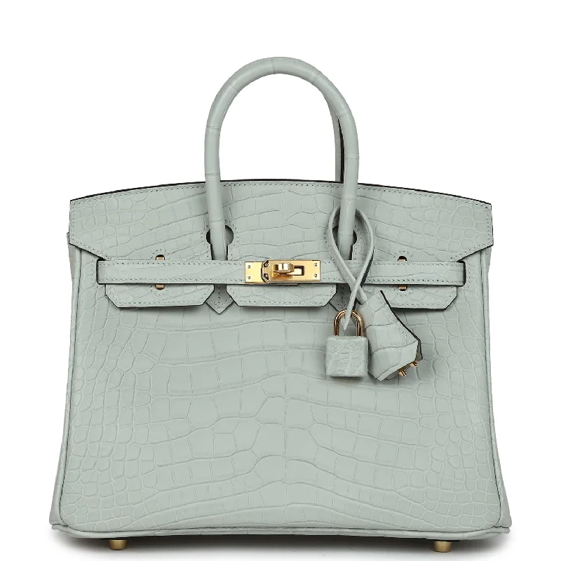 Handle bags with elegant gold-tone hardware -Hermes Birkin 25 Gris Neve Matte Alligator Gold Hardware