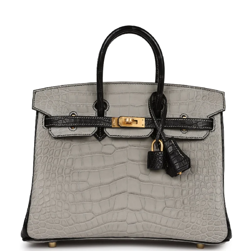 Handle bags with woven fabric for texture -Hermes Special Order (HSS) Birkin 25 Gris Perle and Black Matte Alligator Mississippienis Brushed Gold Hardware