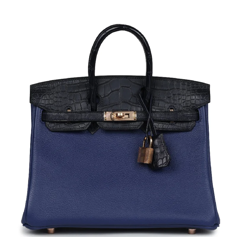 Handle bags with lightweight nylon for ease -Hermes Birkin 25 Bleu Saphir Taurillion Novillo and Bleu Marine Matte Alligator Touch Rose Gold Hardware