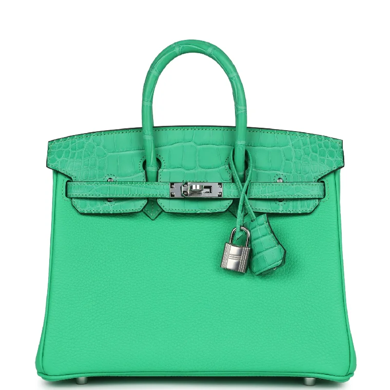 Handle bags with bold stripes for trendiness -Hermes Birkin 25 Vert Comics Togo and Matte Alligator Touch Palladium Hardware